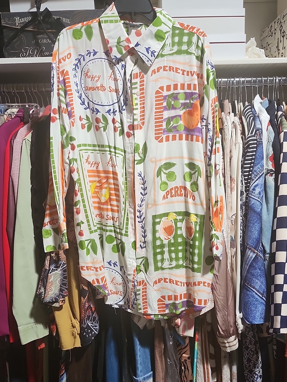 Aperitivo Printed Button-Up Shirt - White with Orange & Green